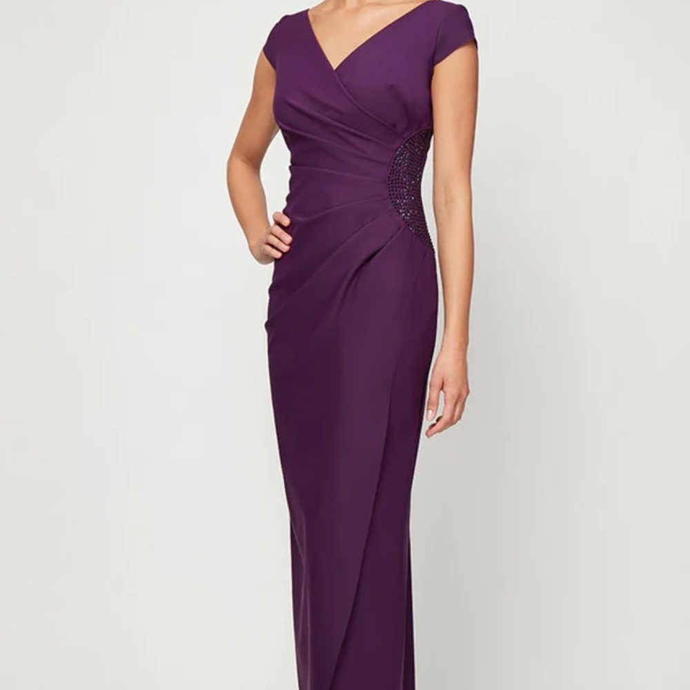 Alex Evenings Summer Plum Draped Sheath Special Occasion Long Dress Size 14 - Picture 2 of 10